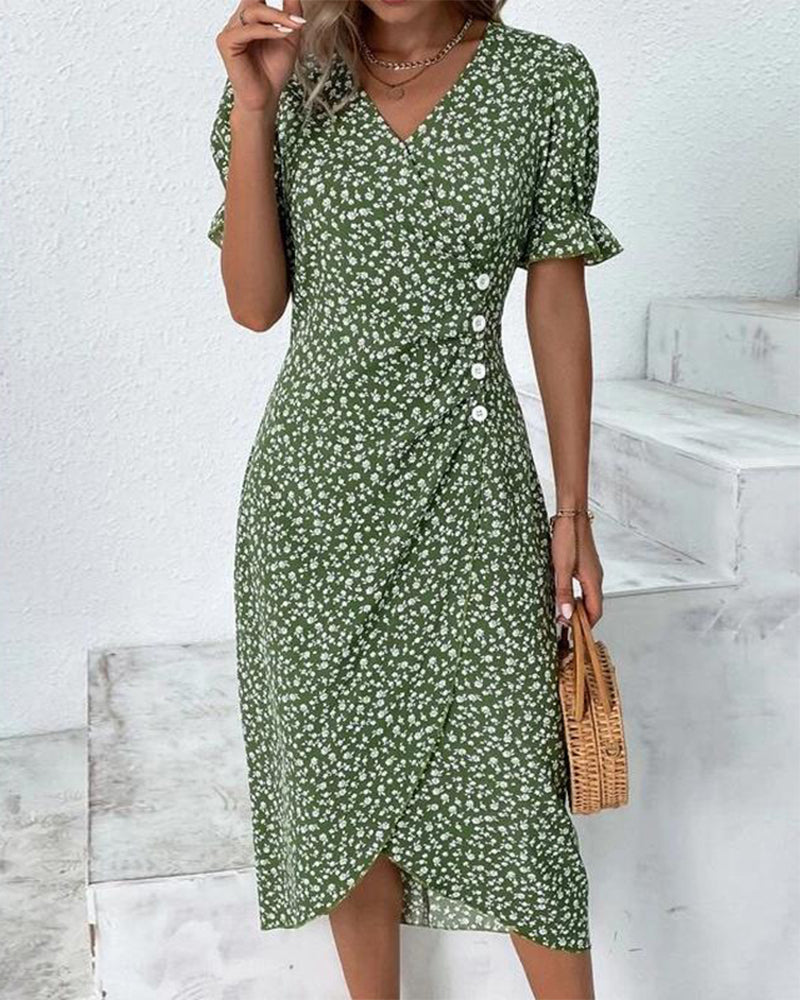 Rosa | Stilfuld Blomsterprintet V-hals Wrap Kjole