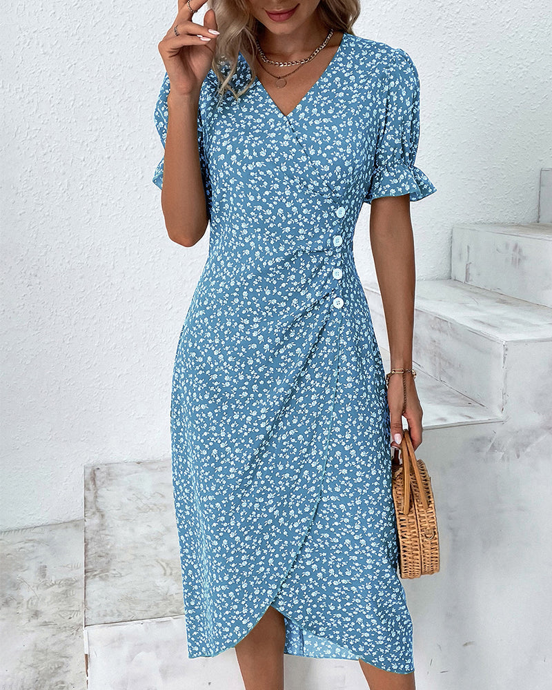 Rosa | Stilfuld Blomsterprintet V-hals Wrap Kjole