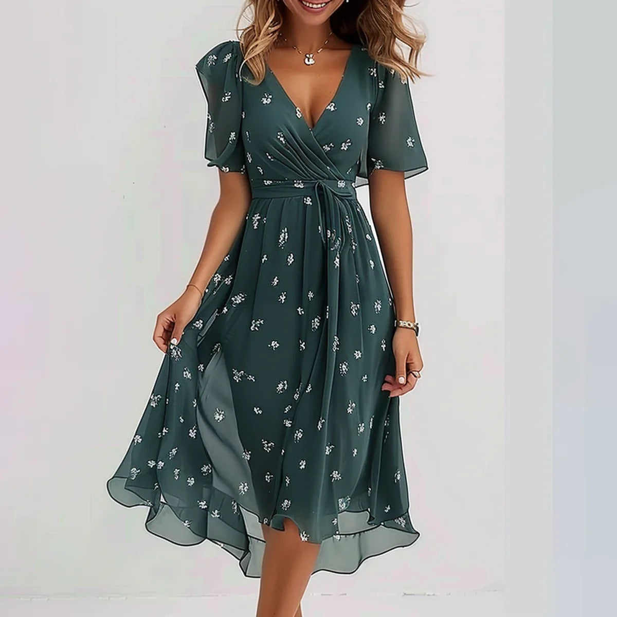 Linne | Stilfuld Blomstret Midi Kjole
