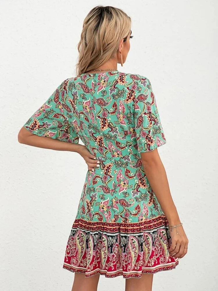 Delia | Stilfuld Paisley-Print Kjole med Bindebånd