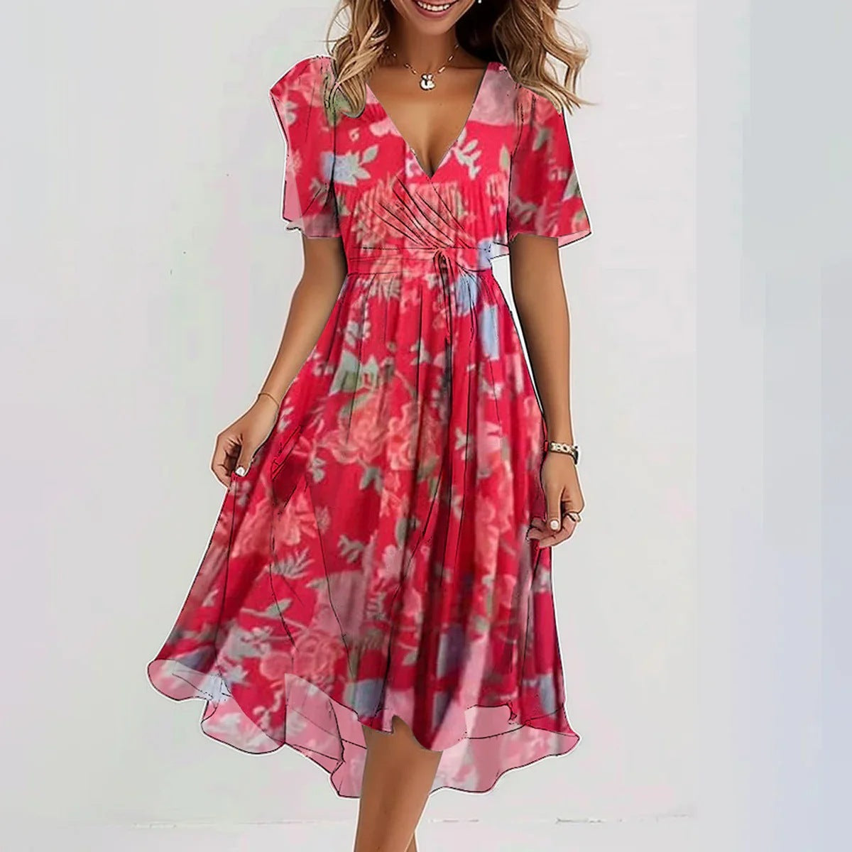 Linne | Stilfuld Blomstret Midi Kjole