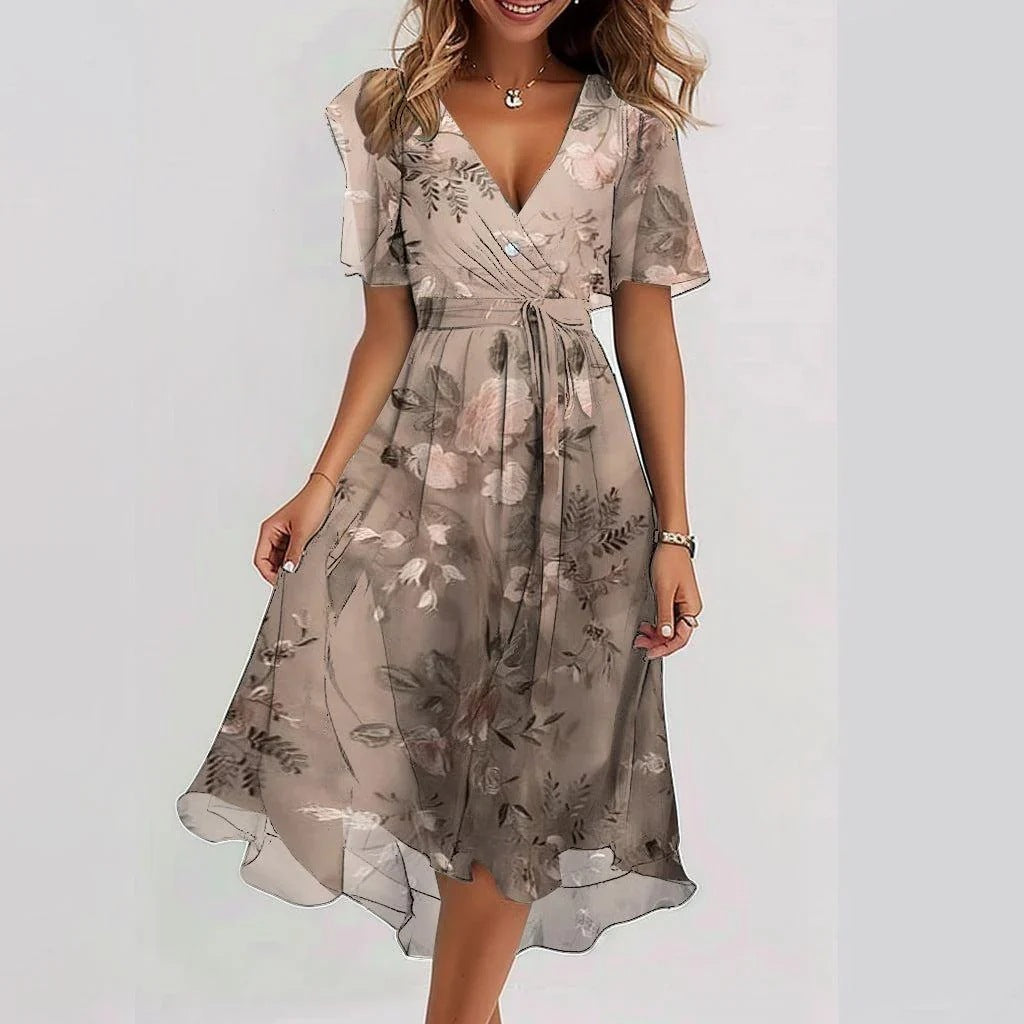 Linne | Stilfuld Blomstret Midi Kjole