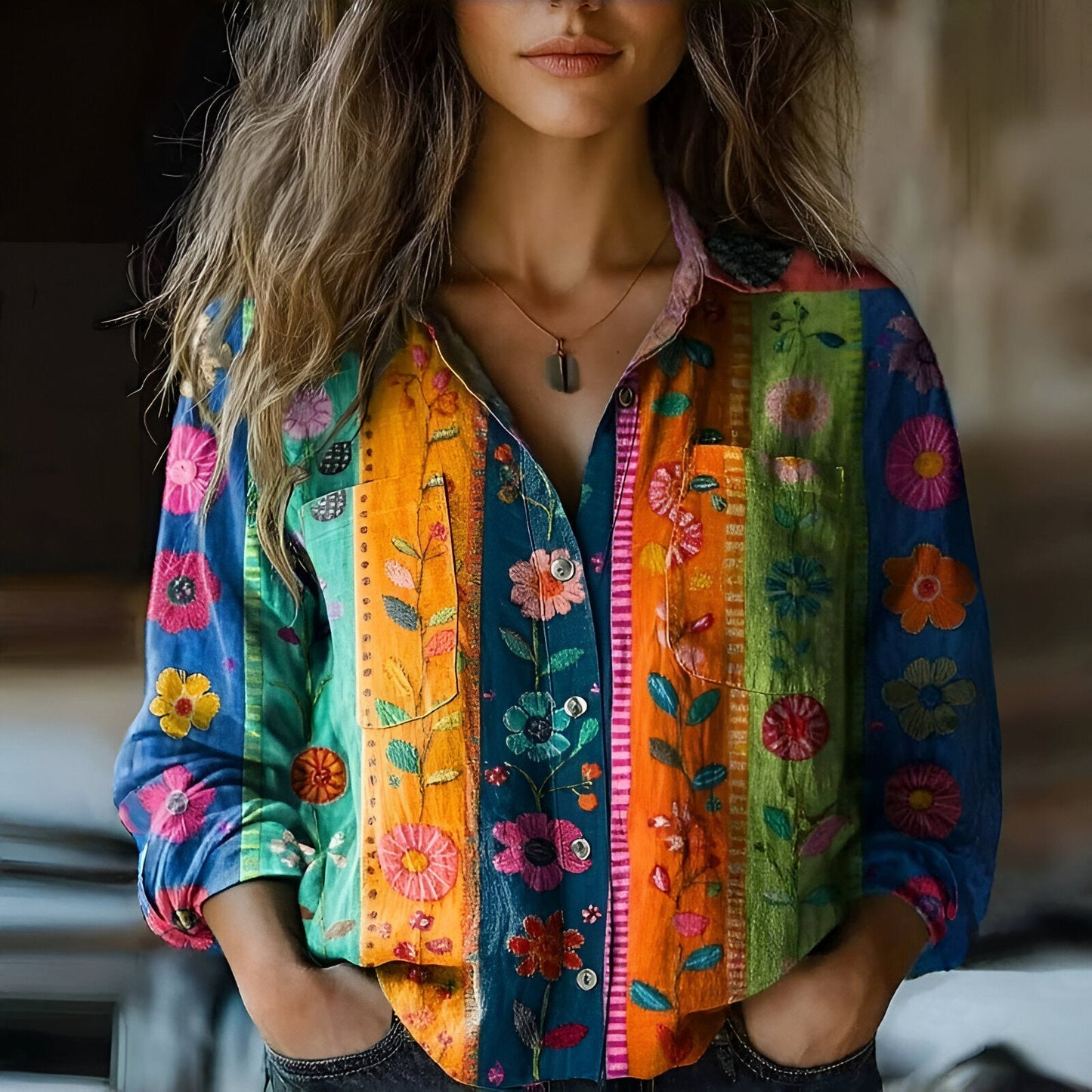 Lizette | Farverig Blomstret Broderet Skjorte